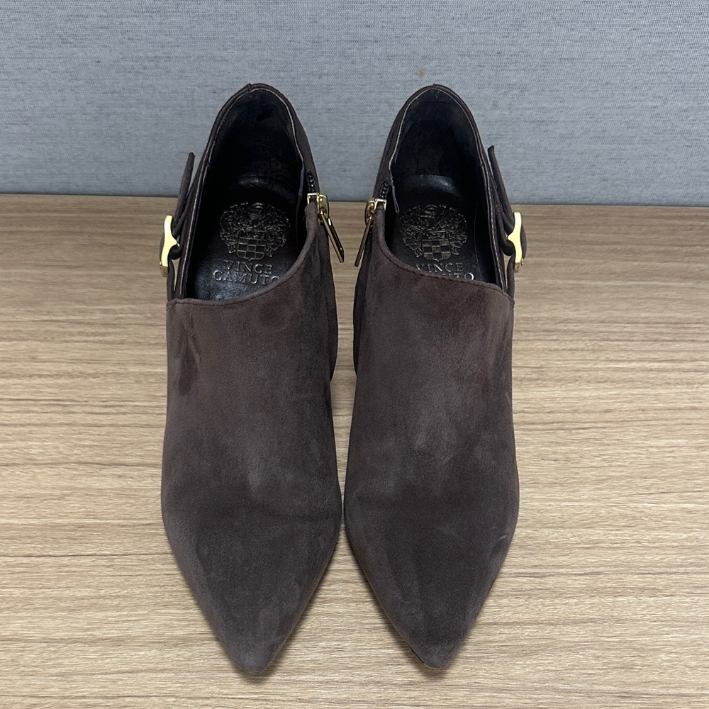 Vince Camuto Dark Brown Suede Pointed Toe Booties with Gold Accent